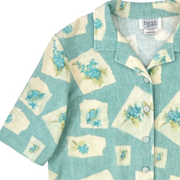 Vintage Blue & Cream Floral Retro Short Sleeve Button Up Shirt Blouse Top sz L - Picture 3 of 7